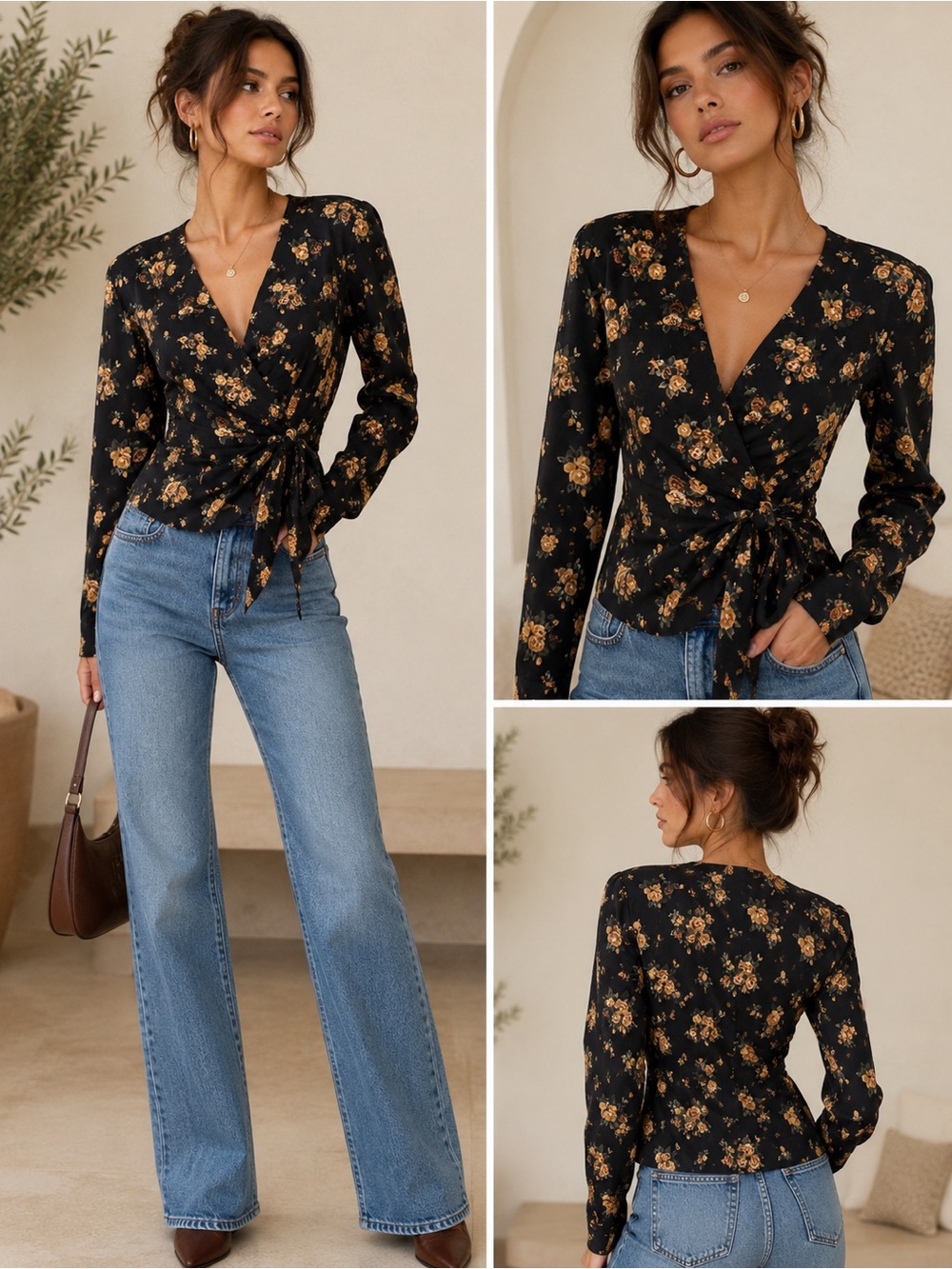 La Belle Vintage Y2K Black Floral Wrap Blouse Side Tie Shoulder Pad Top